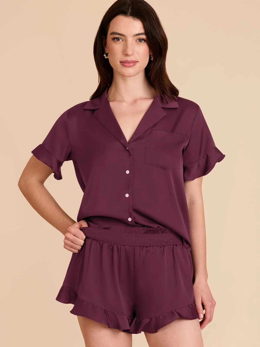 Birdy Grey Cabernet Short Sleeve & Shorts Ruffle Detail Pajama Set Sz M EUC